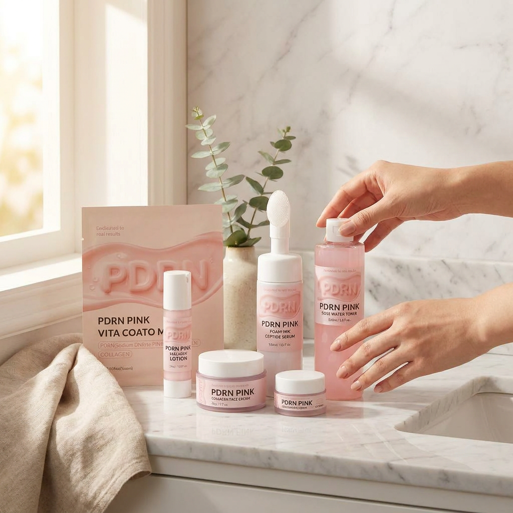 Skincare set styled on a marble bathroom vanity with soft natural light
