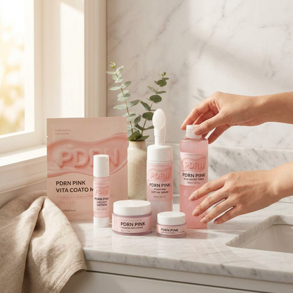 Skincare set styled on a marble bathroom vanity with soft natural light