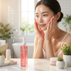 Woman using DNA PDRN Salmon Pink Foam Cleansing Gel in a bright modern bathroom - lifestyle